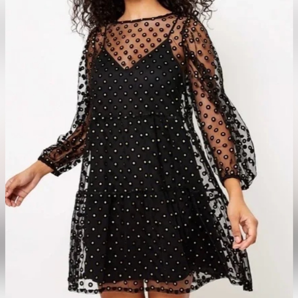 LOFT NWT Sz. SP Sheer Long Sleeve Golden Dots Mini Dress